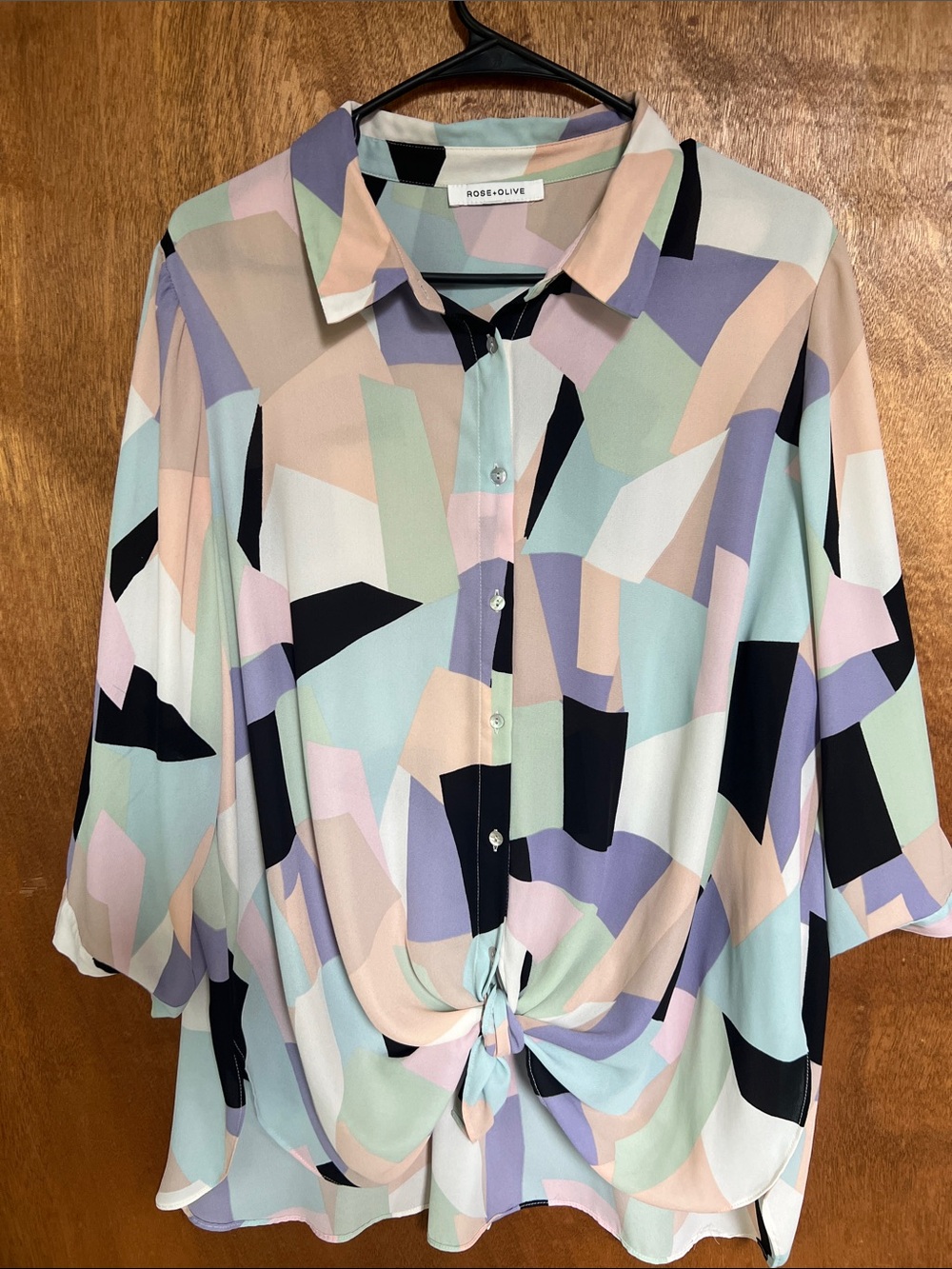 Rose & Olive Pastel Geometric Button-Front Tie-Hem Shirt